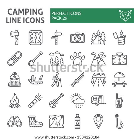 Camping line icon set, hiking symbols collection, vector sketches, logo illustrations, travel signs linear pictograms package isolated on white background, eps 10.