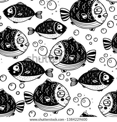 Cute fish seamless pattern. Black and white pattern. Design template. Cute background. Hand drawn vector illustration.