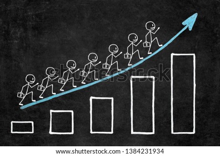 Handwritten white chalk growth graphic on blackboard. Seven businessman with briefcase of money climbing step by step on business stairs graph