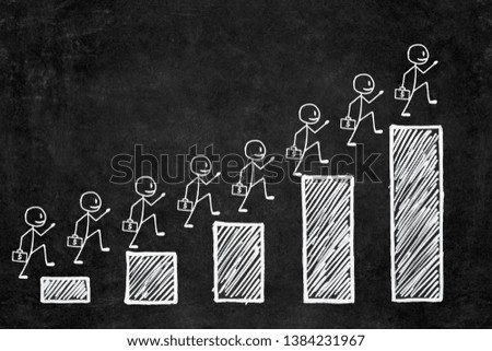 Handwritten white chalk growth graphic on blackboard. Businessman with briefcase of money climbing step by step on business stairs graph