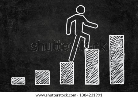 Handwritten white chalk growth graphic on blackboard. Businessman climbing step by step on business stairs graph with copy space
