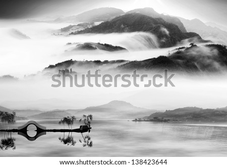 Painting style of chinese landscape for adv or others purpose use Royalty-Free Stock Photo #138423644