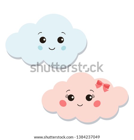 Clouds icons vector set isolated on white background. Collection of cute, sweet and funny smiling boy and girl cloud signs. Cartoon flat style design colorful elements. Vector character illustrations 