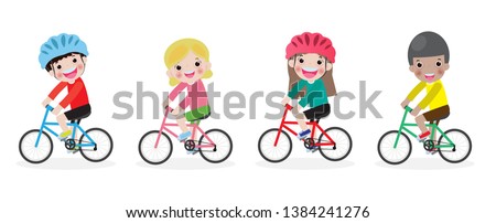 Happy kids on bicycles, Children riding bike,Kids riding bikes, Child riding bike, child on bicycle vector on white background,Illustration of a group of kids biking on a white backgroun