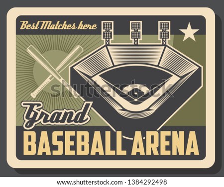 Baseball sport grand arena vintage poster, tournament match cup game. Vector baseball or softball sport league championship stadium, player bat and ball with victory star