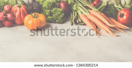 Fresh raw vegetables on off white background, toned, long photo banner, copy space for text, selective focus