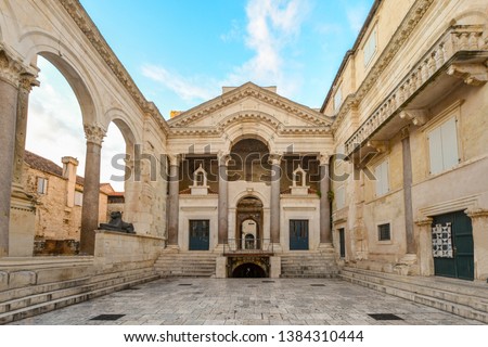 The interior peristil or peristyle of the ancient Diocletian's Palace in the old town area of Split, Croatia early in the morning before tourists arrive. Royalty-Free Stock Photo #1384310444
