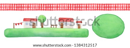 Rustic element set with decorative seamless gingham ribbon, cute little houses on green grass and round watercolor shape to place text message. Hand painted watercolour drawing on white background.