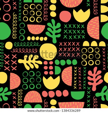 Contemporary geometric shapes seamless vector background. Green yellow coral red black leaf plant and abstract shapes pattern