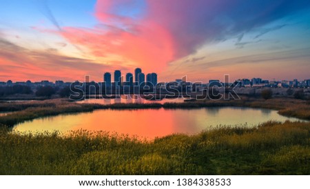 Spectacular sunset beautiful landscape cityscape horizon Bucharest Romania Delta Vacaresti 