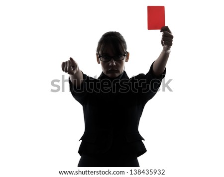 one business woman showing red card  silhouette studio isolated on white background