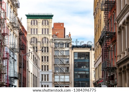 Street view of historic buildings on Broadway in the Tribeca neighborhood of Manhattan in New York City NYC