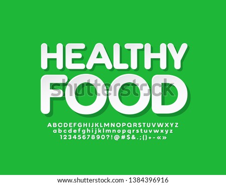 Vector modern logotype Healthy Food with white Alphabet Letters, Numbers and Symbols. Flat trendy Font