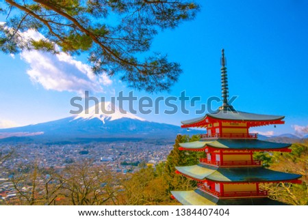 Mount Fuji view of beautiful landscape with chureito pagoda sunny day in clear blue sky natural background in japan