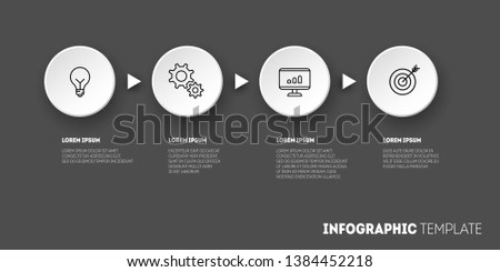 Dark modern infographic design template. 4 circular white elements with icons connected by arrows.  