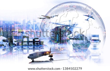 The double exposure image of the city overlay with Logistics and transportation of Container Cargo ship and Cargo plane