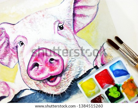 Art  painting  Acrylic color Little Pig , Palette , paintbrush