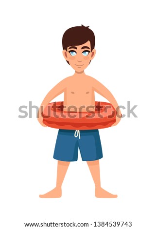 Young boy wear blue pants with red Lifebuoy. Cartoon character design. Flat vector illustration isolated on white background.