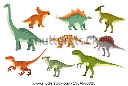 Cartoon dinosaur set. Cute dinosaurs icon collection. Colored predators and herbivores. Flat vector illustration isolated on white background. Royalty-Free Stock Photo #1384560926