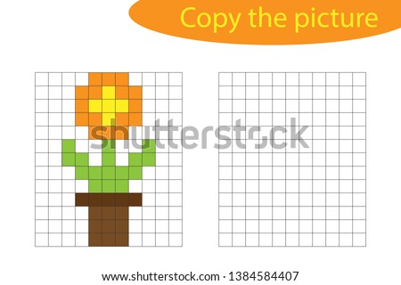Copy the picture, pixel art, flower in pot cartoon, drawing skills training, educational paper game for the development of children, kids preschool activity, printable worksheet, vector illustration