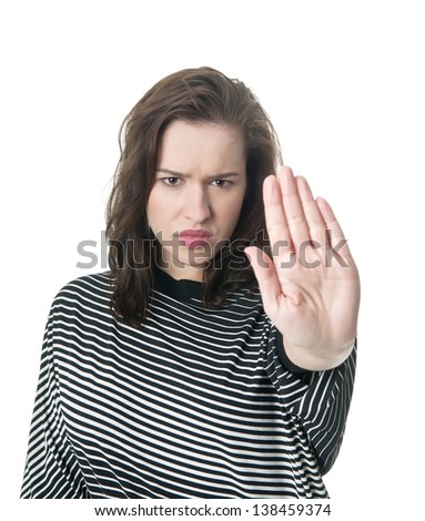 young woman showing stop with one hand