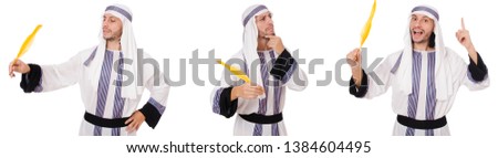 Arab man with pen isolated on white 