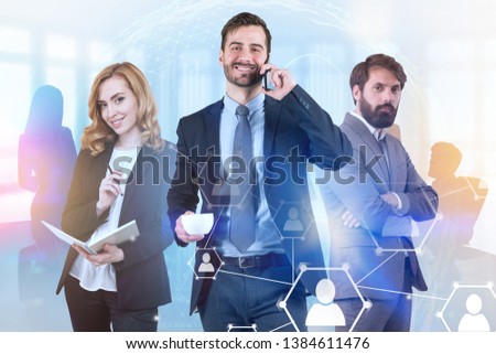 Three successful managers standing over blurred office background with double exposure of people network hologram. Concept of recruitment and social connection in business. Toned image double exposure