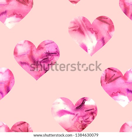 Watercolor marble seamless pattern with hearts. Multicolor endless background with pink textured on beige. Handdrawn stylish ornament for fabric, wrapping, packaging paper, wallpaper, background