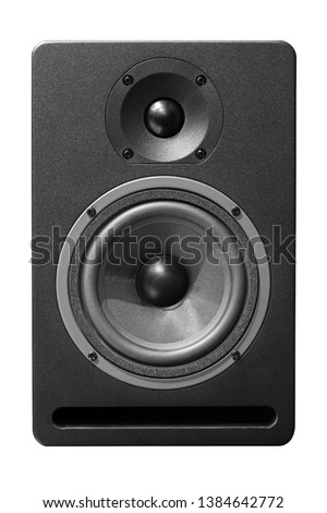 Black box acoustic system with speaker isolated on white.