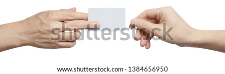 Hand giving a blank card or a ticket/flyer, isolated on white background