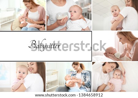 Set with pictures of adorable babies and nannies indoors