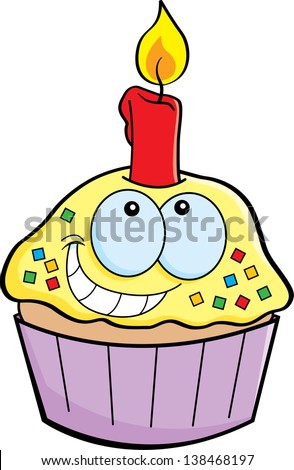 Cartoon illustration of a cupcake with a candle.