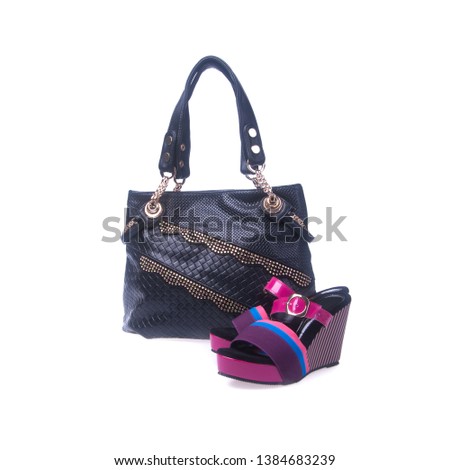 bag or women shoes and handbag on background
