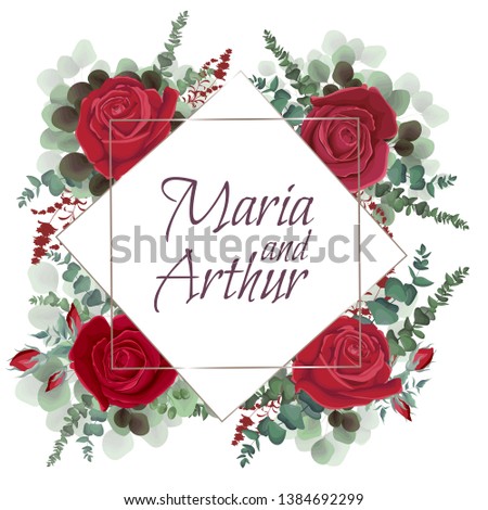 Vector polygonal frame. Red roses, lavender silhouette, dark and light leaves. Wedding invitation template. All elements are isolated.