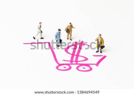 Miniature people on paper with painted shopping cart