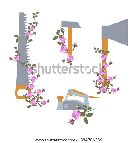 Stylized carpenter's toolbox vector illustration with roses on a white isolated background.