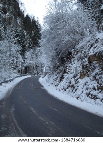 Dangerous snowy road through the cold winter forest.