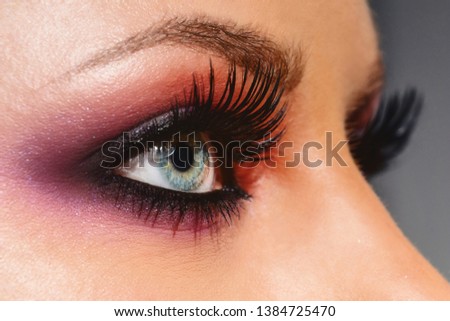 Cosmetics & make-up. Close up woman eye with beautiful shades smokey eyes makeup. Modern fashion make up.