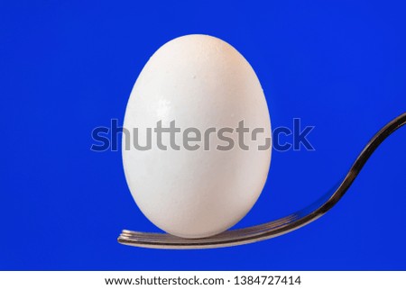 White egg on fork with blue display background