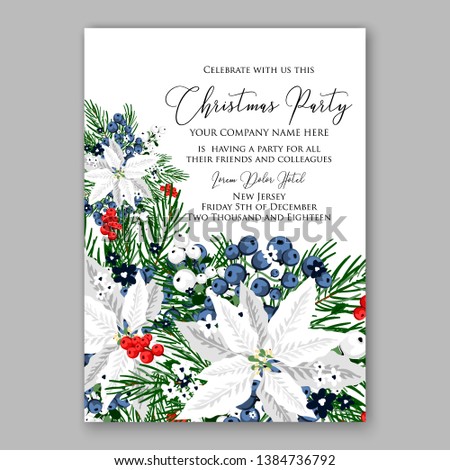 Poinsettia Merry Christmas party invitation Winter navy blue flower pine fir needle wreath red blue berry card template vector