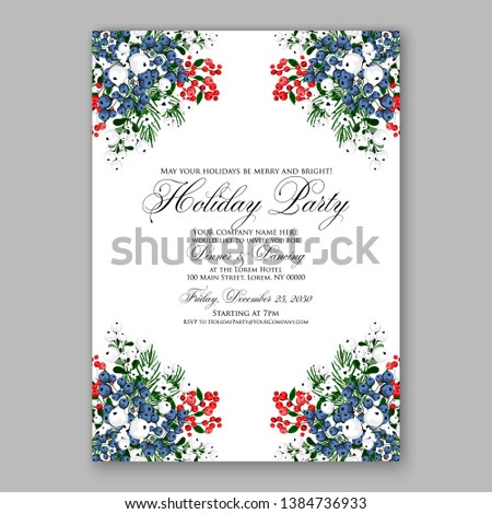 Poinsettia Merry Christmas party invitation Winter navy blue flower pine fir needle wreath red blue berry card template vector