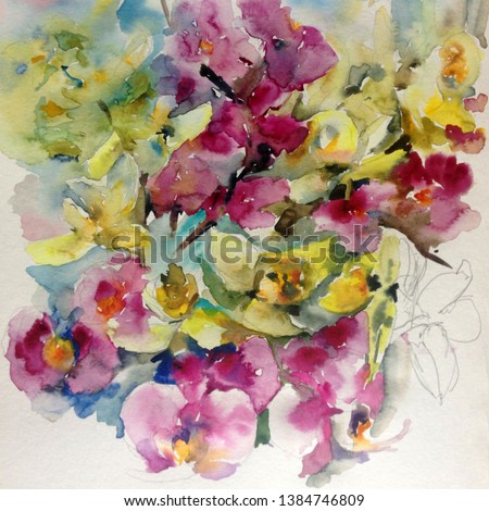 Abstract bright colored decorative background . Floral pattern handmade . Beautiful tender romantic spring bouquet of orchid flowers , made in the technique of watercolors from nature