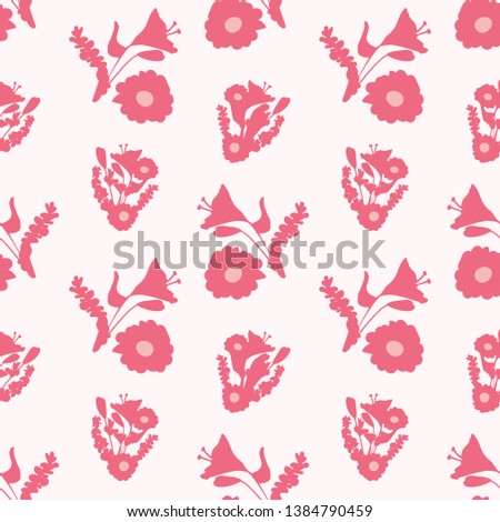 Floral bouquet silhouette seamless pattern in light pink and rose with spring daylilies, clematis and taller flowers. Repeat vector design, great for wedding, Mother's Day, Valentine's Day, textiles.
