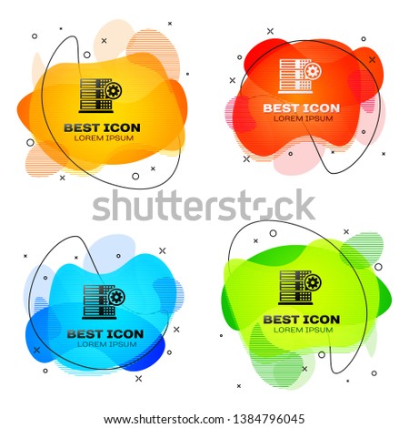 Black Server and gear icon isolated. Adjusting app, service concept, setting options, maintenance, repair, fixing. Set of liquid color abstract geometric shapes. Vector Illustration