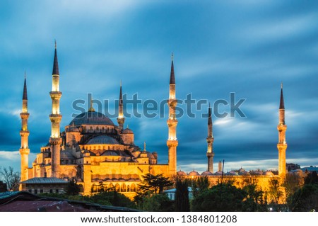 Long exposure photo of Blue Mosque at dusk (blue hour) in Istanbul.