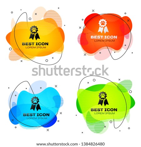 Black Pet award symbol icon isolated on white background. Badge with dog or cat paw print and ribbons. Medal for animal. Set of liquid color abstract geometric shapes. Vector Illustration