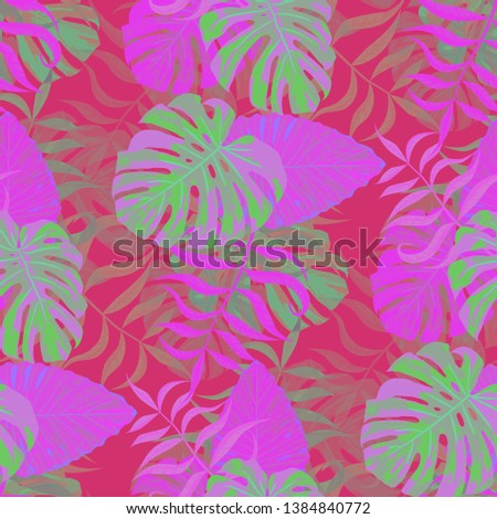 Palm Leaves. Pink Seamless Pattern with Leaves of exotic Trees. Vintage Texture for, Swimwear, Fabric, Paper. Bright Leaves of Palm Tree.
