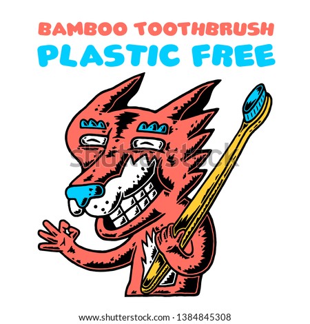 Fox. Bamboo Toothbrush. Fox with Bamboo Toothbrush. Plastic Free. Zero Waste. Happy Wild Life. Cartoon Fox with Bamboo Tothbrush on white background isolated. Stock Vector Illustration. Cartoon style.