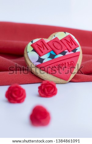 mother's day cookie, decorated with fondant, sugar paste. Gift for mom. May. Celebrate
