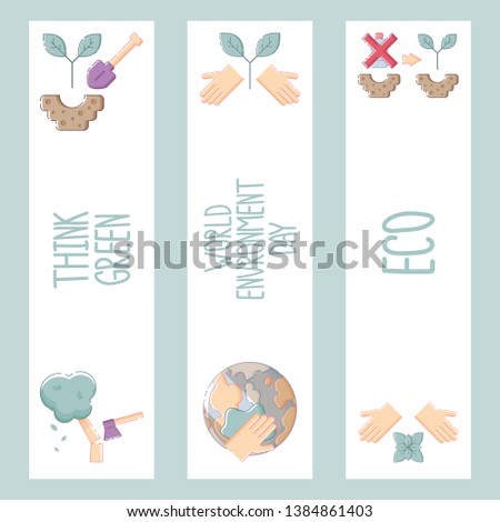 Set of cute World Environment Day bookmarks, flyers or greeting cards templates with recycle sign, hands, plants, planet Earth and text samples. Flat linear style illustration. Vector.